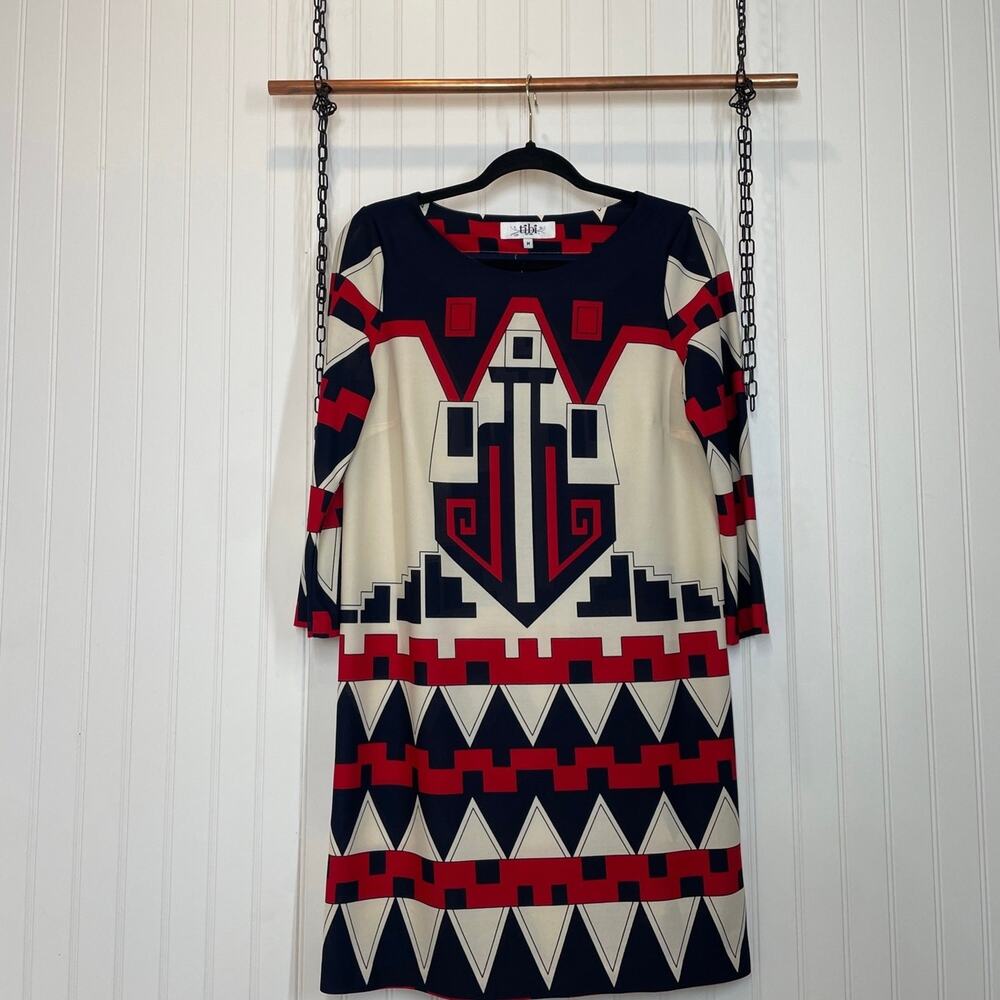 Tibi Multicolor Aztec Long Sleeve Mini Shift Dress Size M